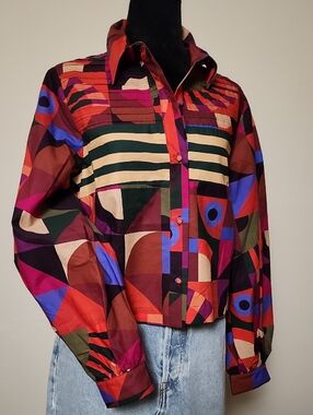 Farm Rio for Anthropologie Colorful Geometric Puff Sleeve Blouse Small